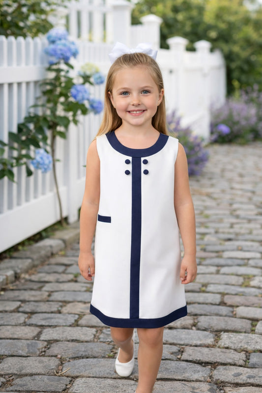Seaside Sail Linen Girls DRESS - White With Navy Blue Trim
