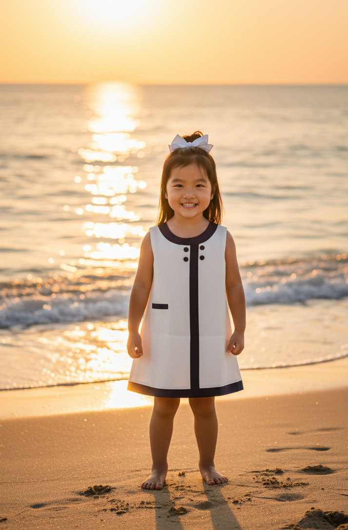 Seaside Sail DRESS - White With Navy Blue Trim