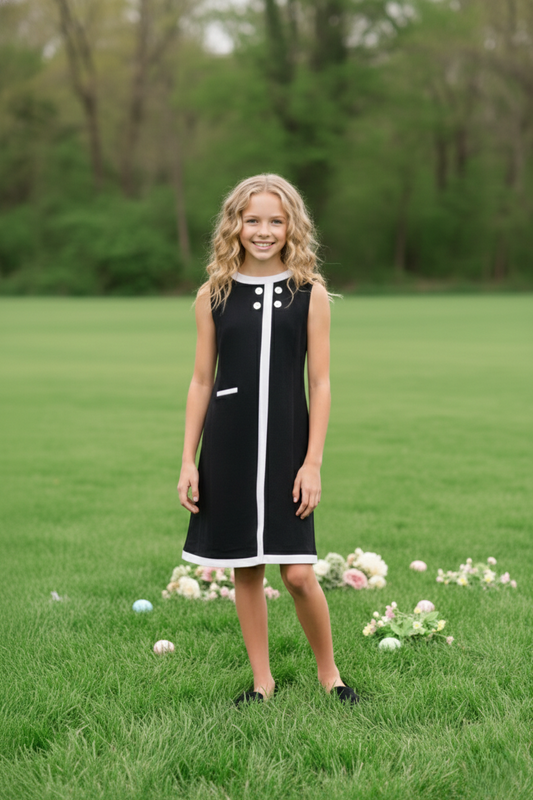 Seaside Sail Girls Linen DRESS - Black With White Trim