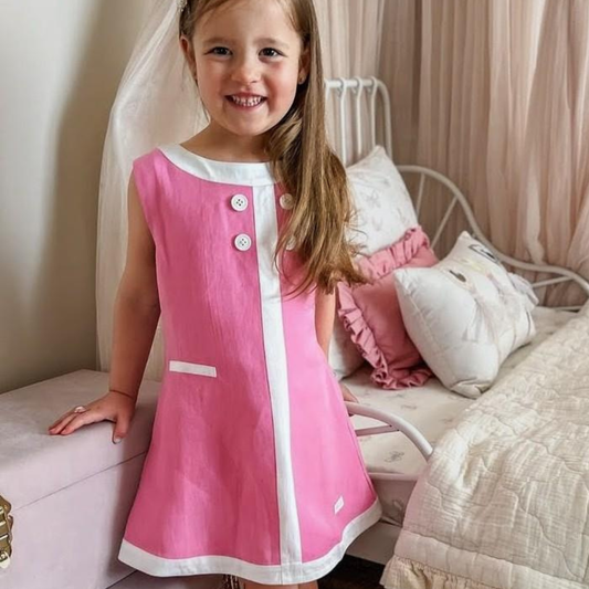 Seaside Sail Girls Linen DRESS - "Cotton Candy Pink" With White Trim