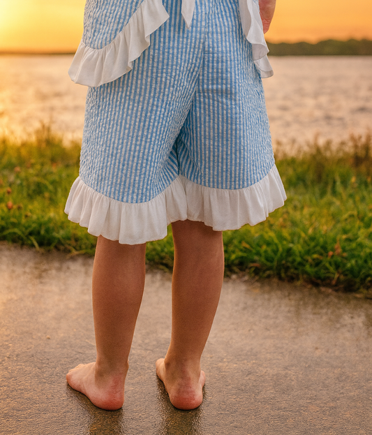 Seaside Stroll Ruffle SHORTS - Blue Seersucker