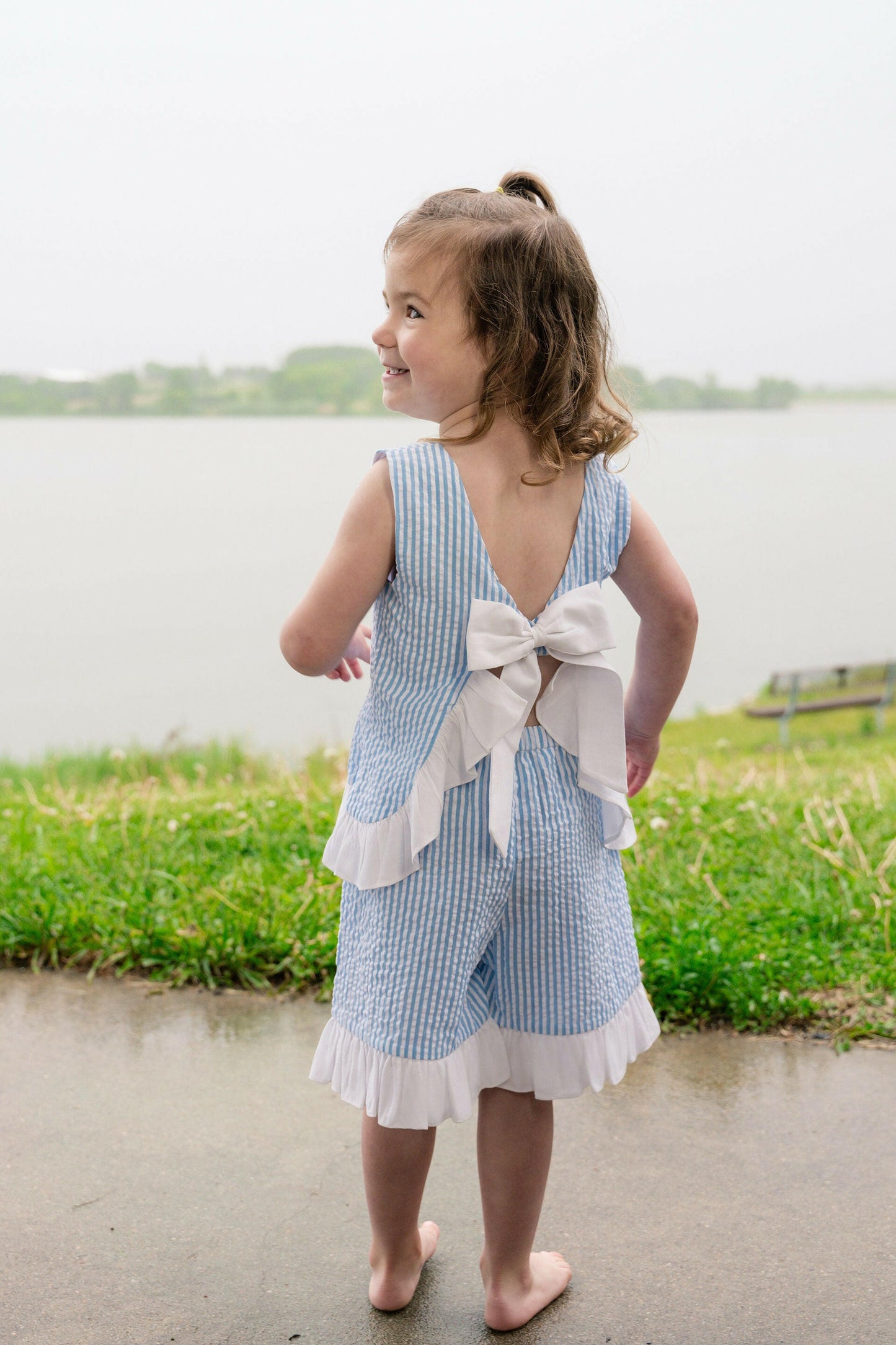 Seaside Stroll Ruffle Back TOP - Blue Seersucker