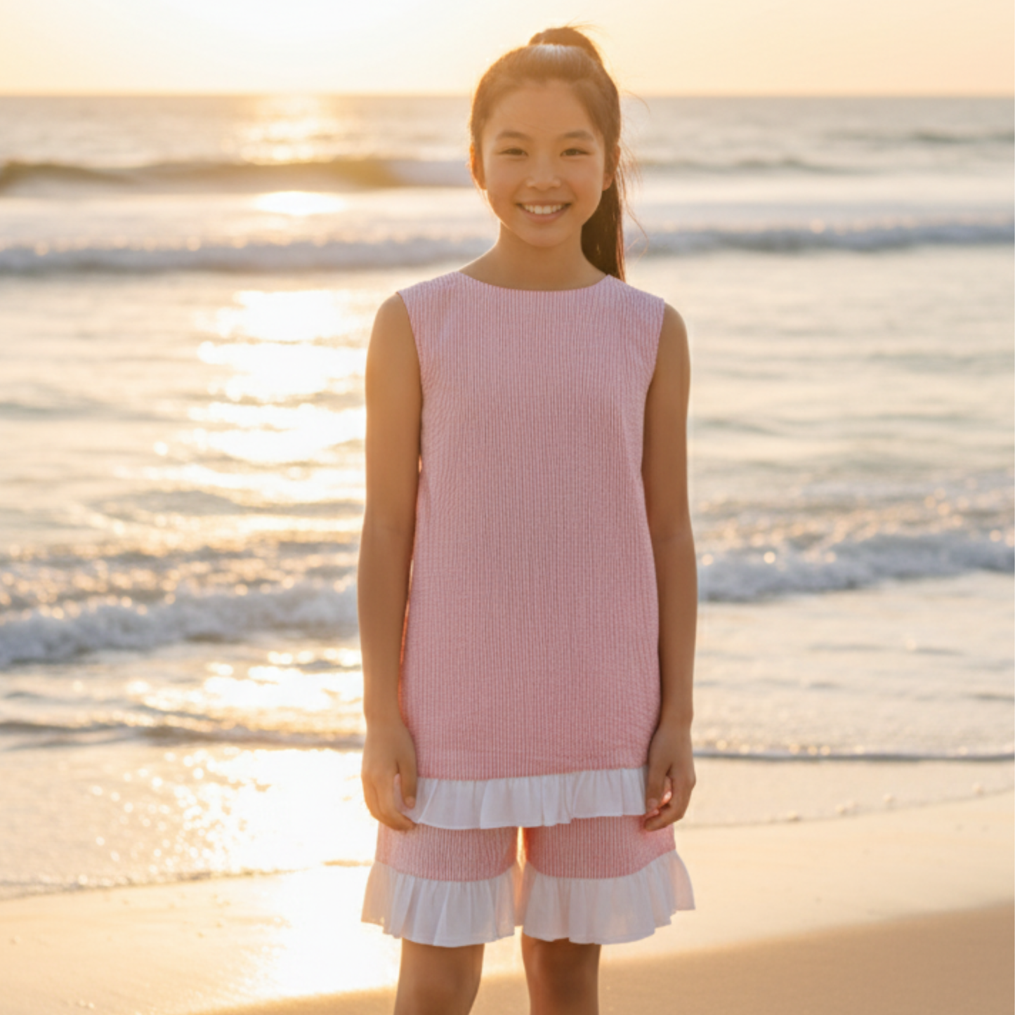 Seaside Stroll Ruffle Back TOP - Beach Rose Seersucker