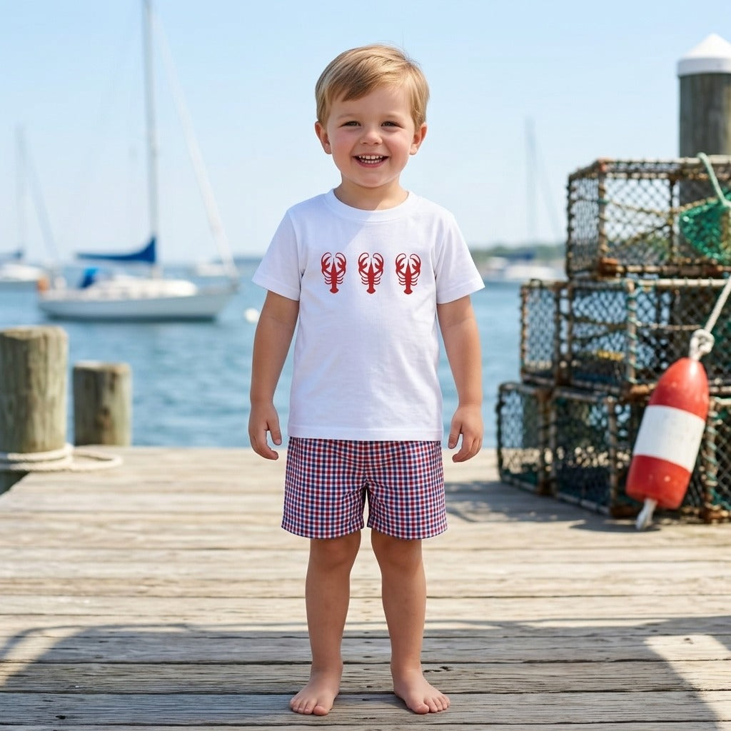 Boys Lobster T-shirt and checkered Red, White & Blue Short SET