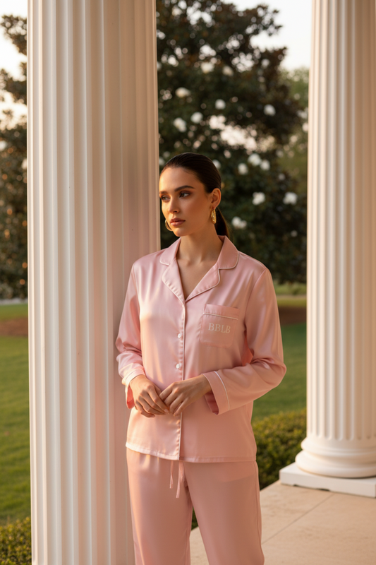 Women’s Pink With White Trim Long Sleeve Pajama Top - Luxury Sleepwear