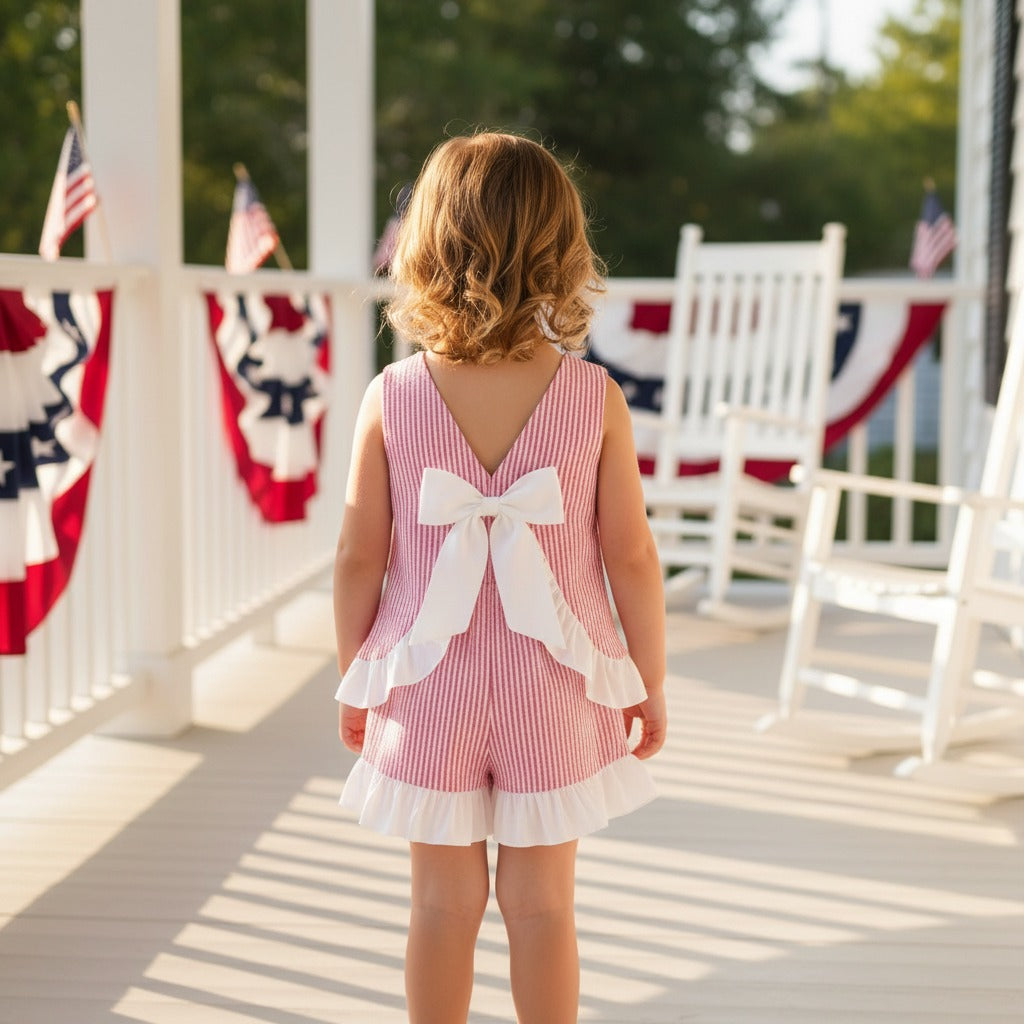 Seaside Stroll Ruffle SHORTS - Beach Rose Seersucker