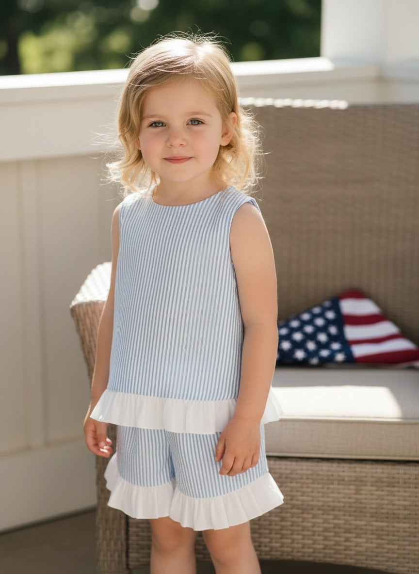 Seaside Stroll Ruffle Back Girls TOP - Blue Seersucker