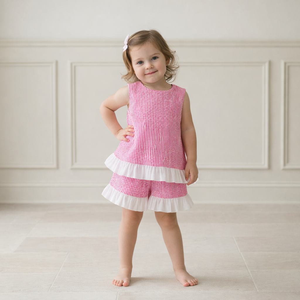 Seaside Stroll Ruffle Back Girls TOP - Beach Rose Seersucker