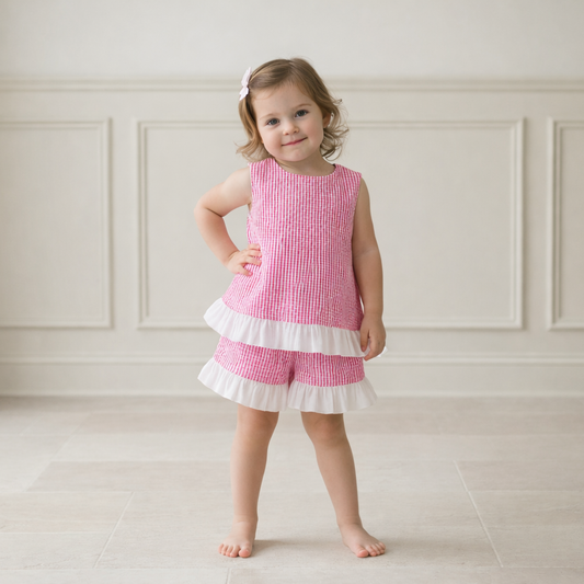 Seaside Stroll Ruffle Back Girls TOP - Beach Rose Seersucker