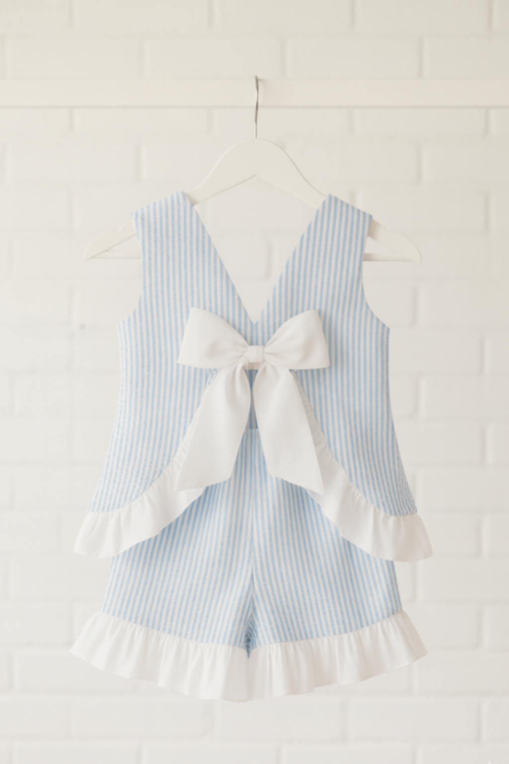 Seaside Stroll Ruffle Back Girls TOP - Blue Seersucker