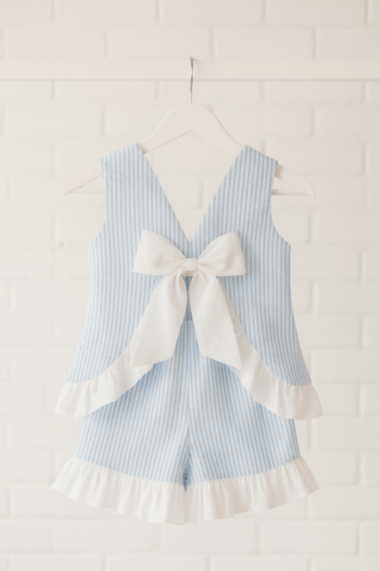 Seaside Stroll Ruffle Back Girls TOP - Blue Seersucker