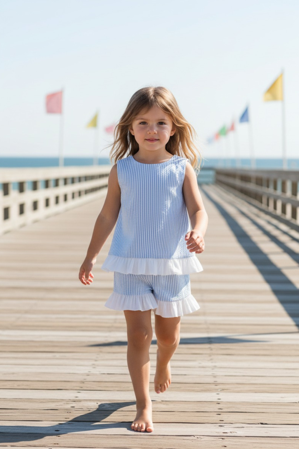 Seaside Stroll Ruffle Back Girls TOP - Blue Seersucker