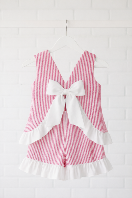 Seaside Stroll Ruffle Back Girls TOP - Beach Rose Seersucker