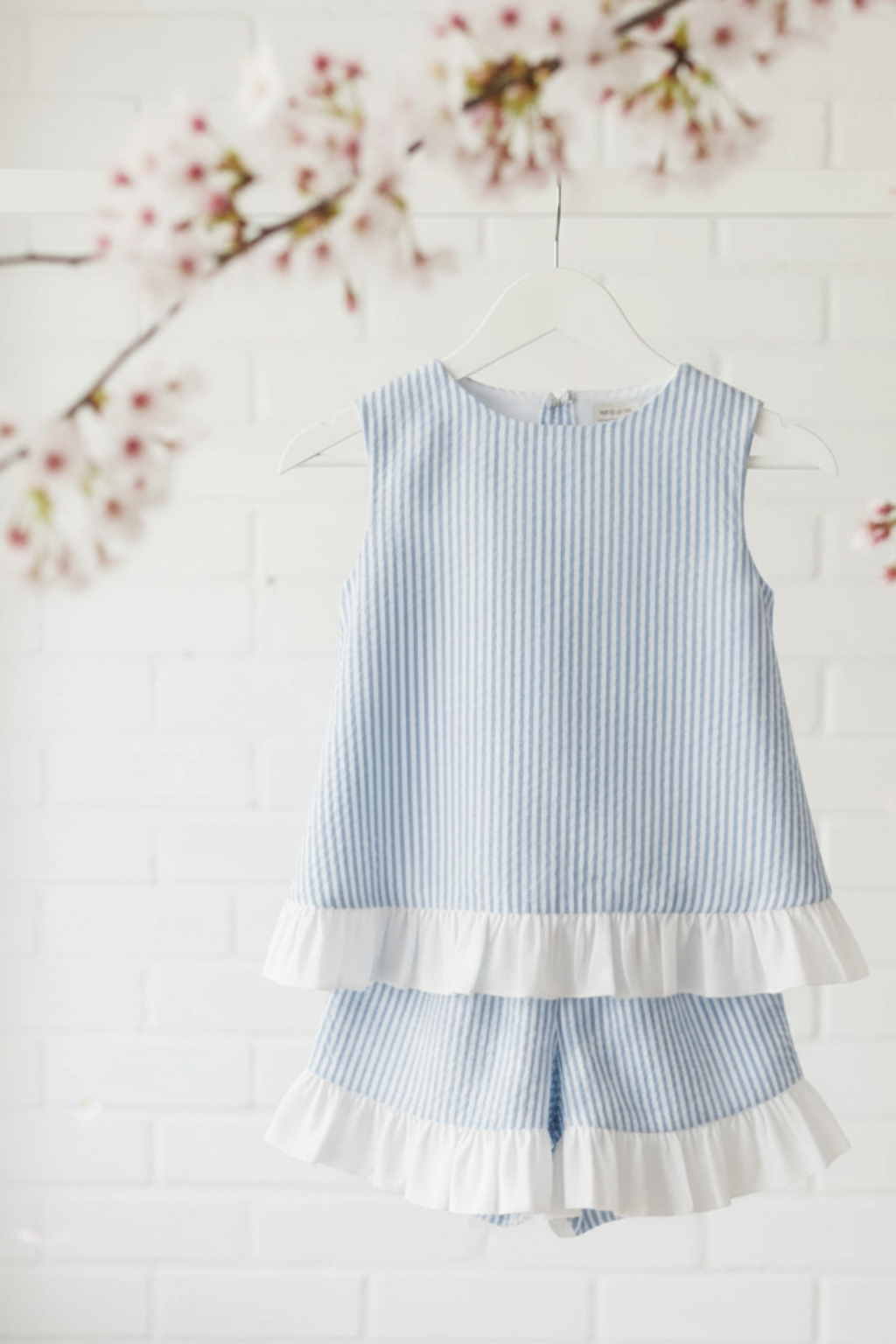 Seaside Stroll Ruffle Back Girls TOP - Blue Seersucker