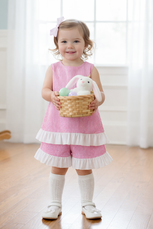 Seaside Stroll Ruffle SHORTS - Beach Rose Seersucker