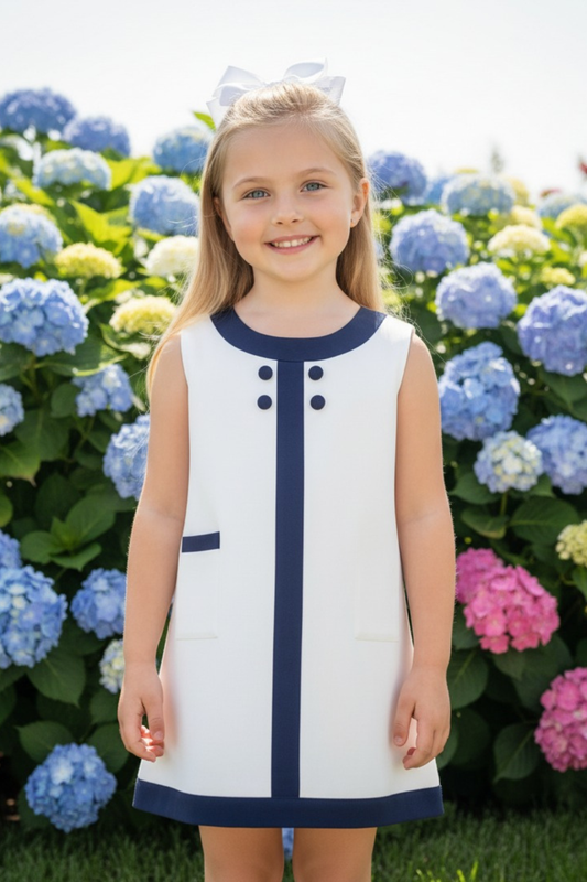 Seaside Sail Linen Girls DRESS - White With Navy Blue Trim