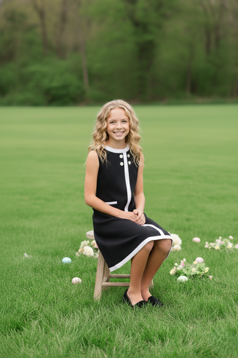 Seaside Sail Girls Linen DRESS - Black With White Trim