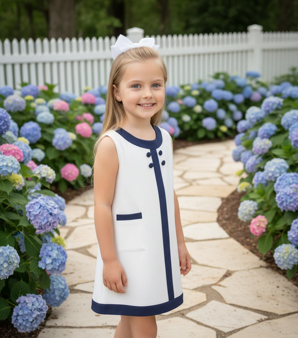 Seaside Sail Linen Girls DRESS - White With Navy Blue Trim
