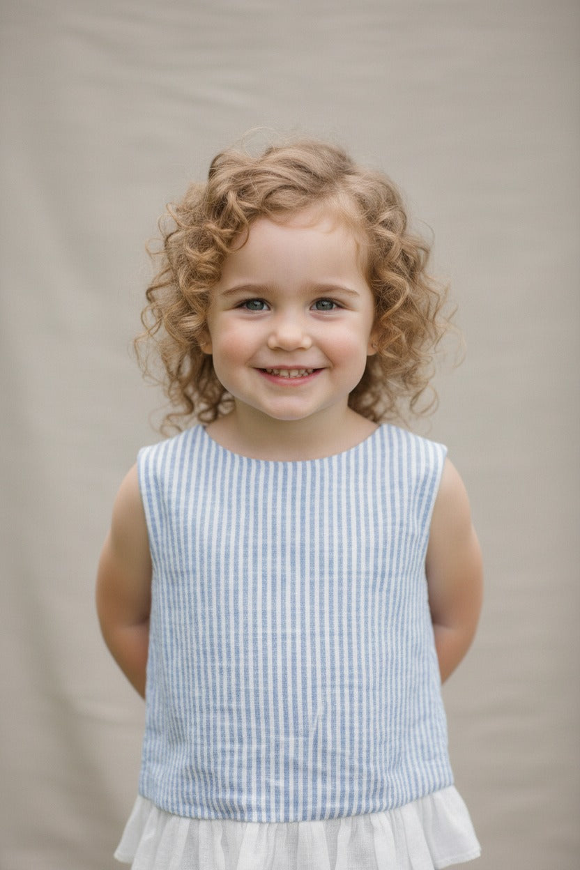 Seaside Stroll Ruffle Back Girls TOP - Blue Seersucker