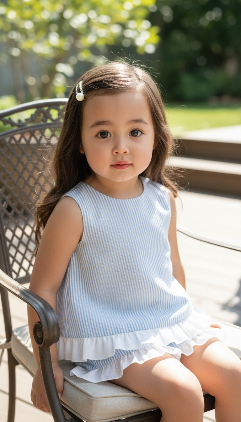 Seaside Stroll Ruffle Back Girls TOP - Blue Seersucker