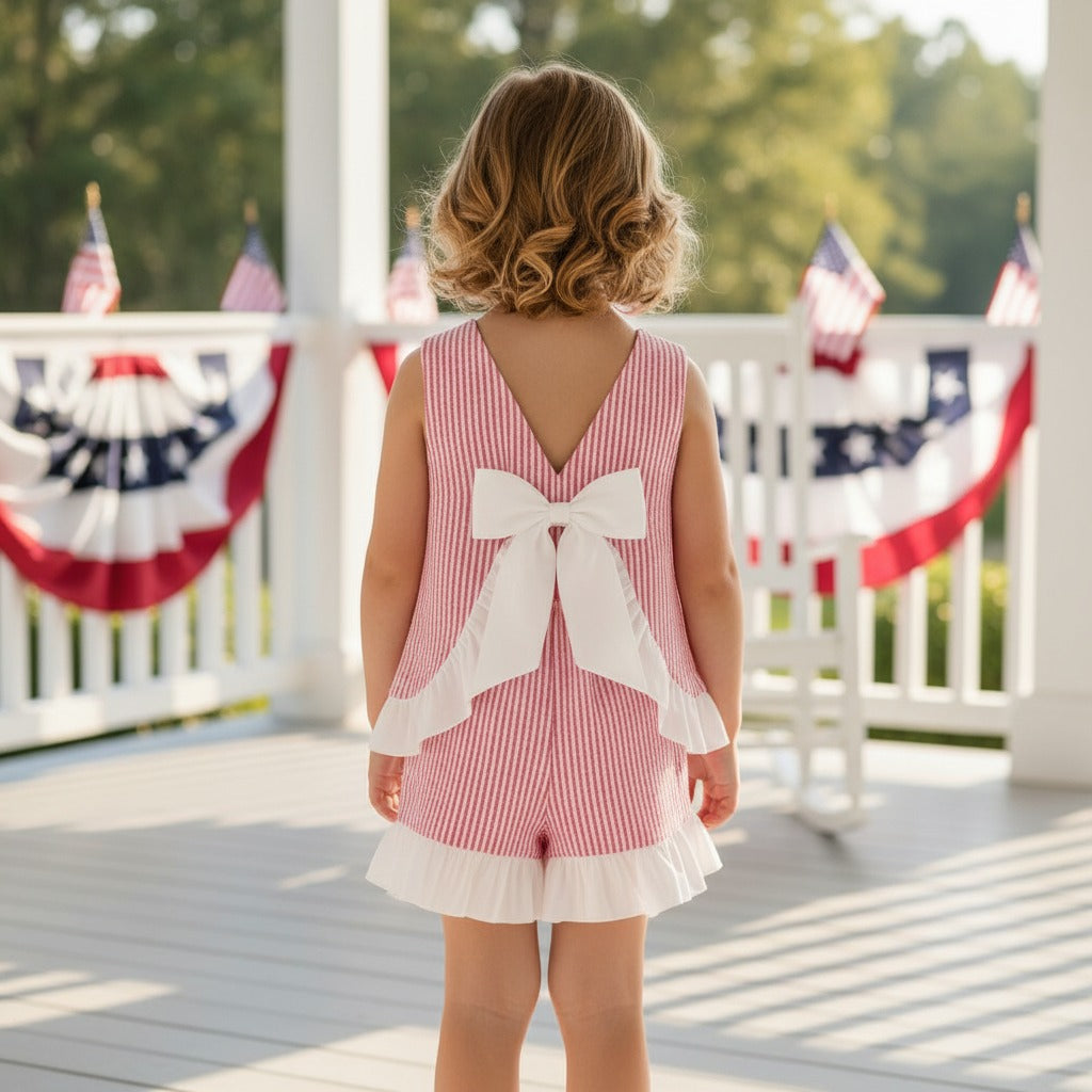 Seaside Stroll Ruffle Back Girls TOP - Beach Rose Seersucker