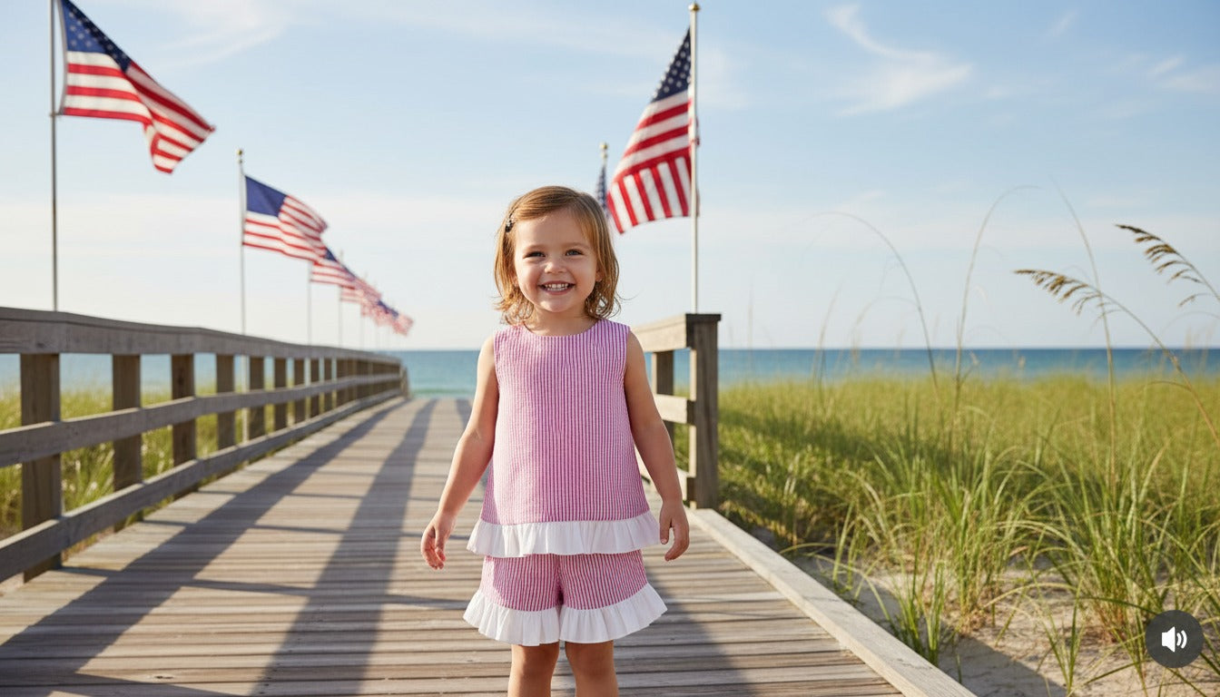 Seaside Stroll Ruffle SHORTS - Beach Rose Seersucker