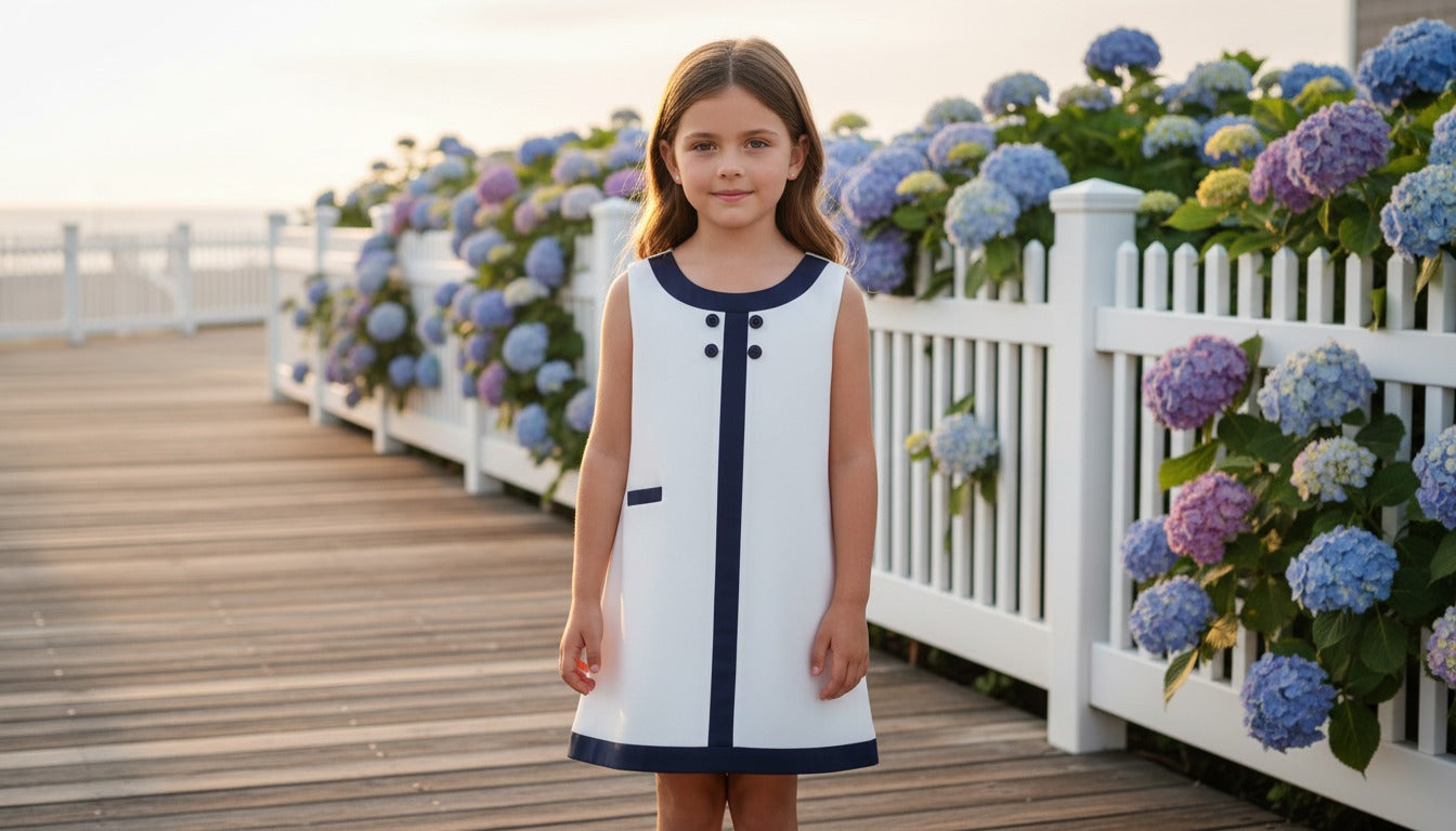 Seaside Sail Linen Girls DRESS - White With Navy Blue Trim