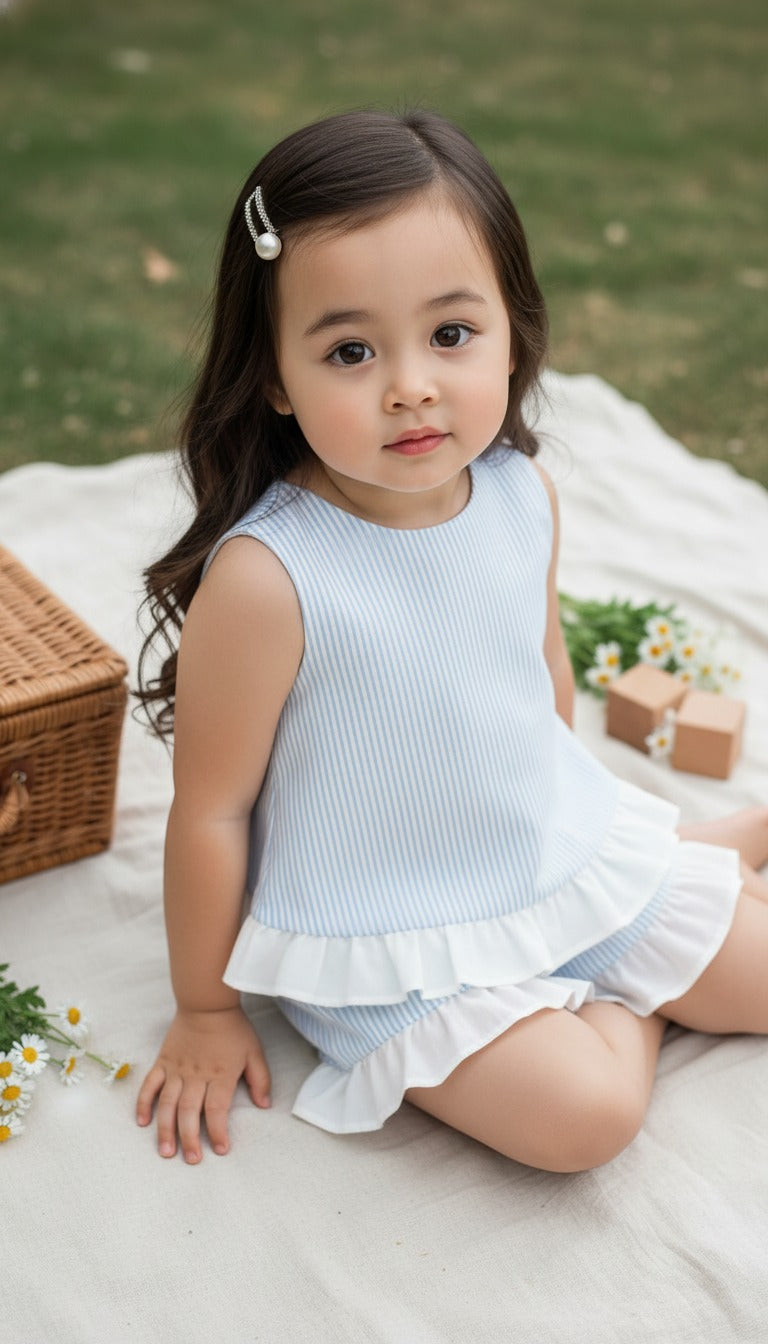 Seaside Stroll Ruffle Back Girls TOP - Blue Seersucker