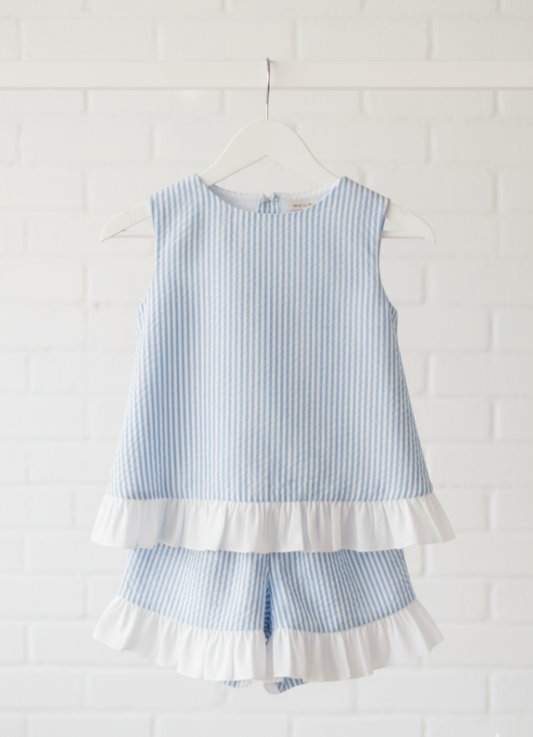 Seaside Stroll Ruffle Back TOP - Blue Seersucker