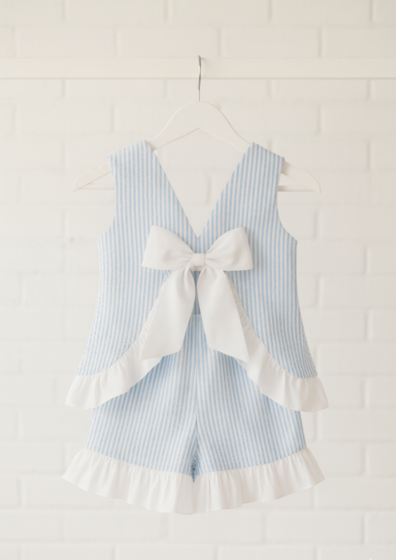 Seaside Stroll Ruffle Back TOP - Blue Seersucker