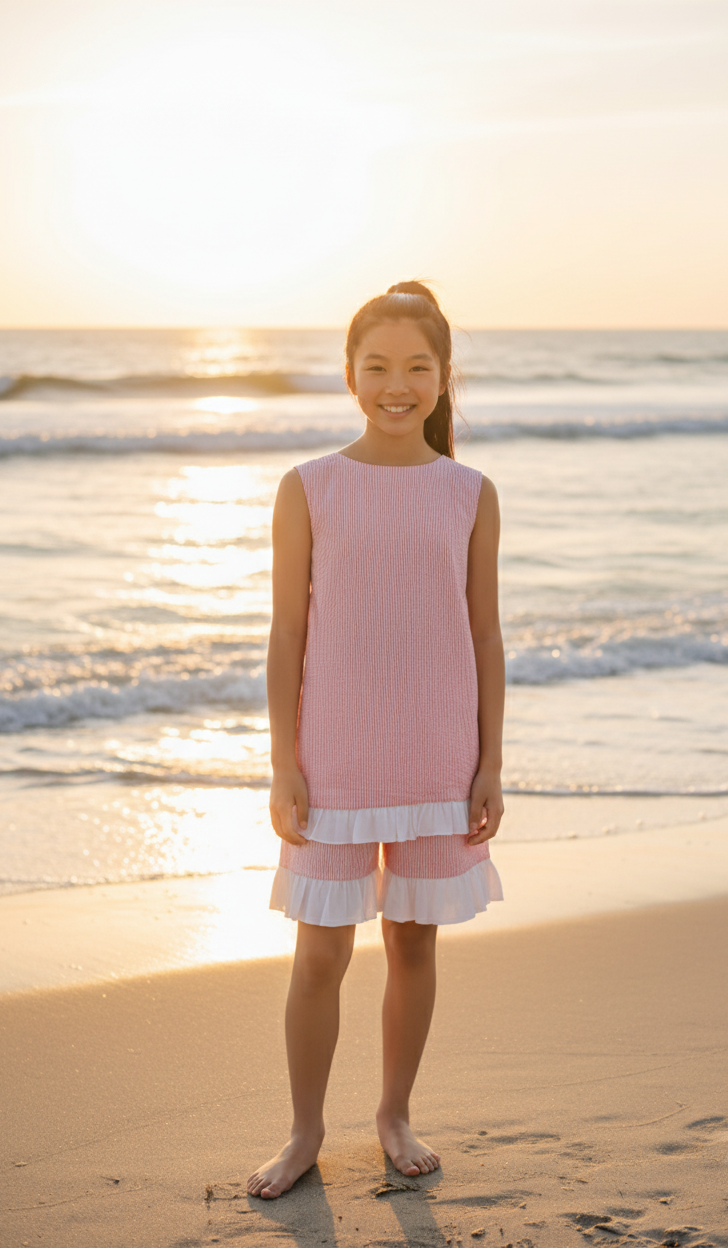 Seaside Stroll Ruffle Back TOP - Beach Rose Seersucker