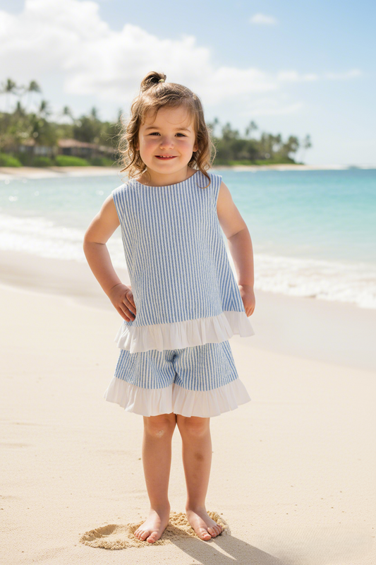 Seaside Stroll Ruffle SHORTS - Blue Seersucker