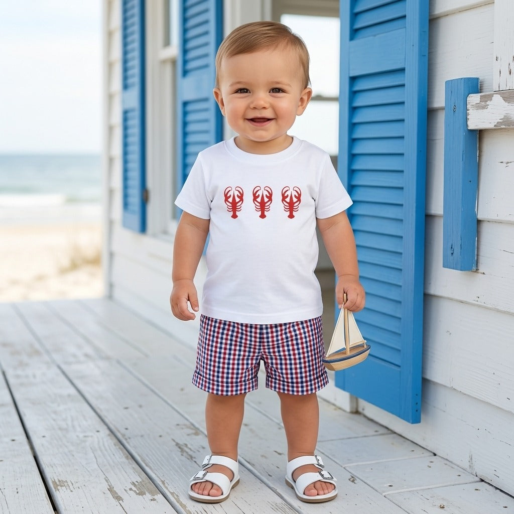 Boys Lobster T-shirt and checkered Red, White & Blue Short SET