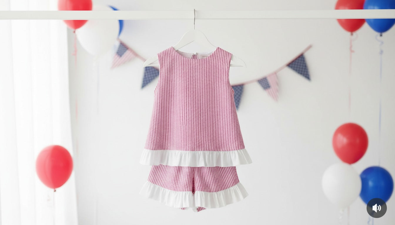 Seaside Stroll Ruffle SHORTS - Beach Rose Seersucker