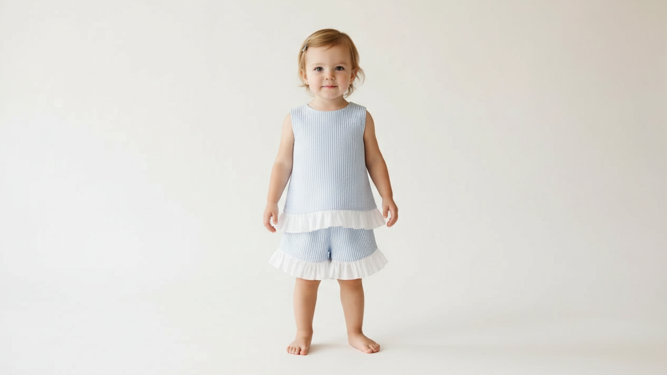 Seaside Stroll Ruffle SHORTS - Blue Seersucker
