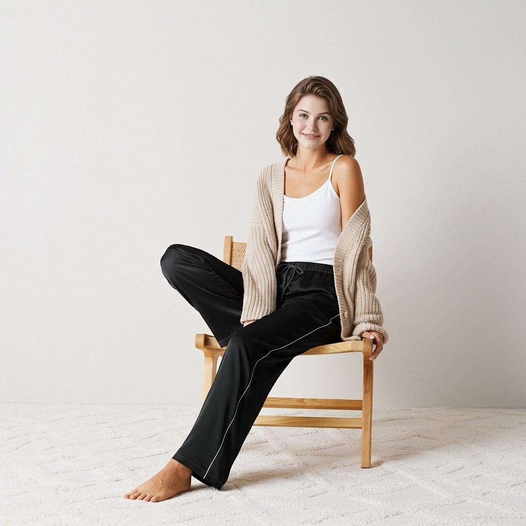 Women’s Black With White Trim Pajama Pants - Luxury Sleepwear