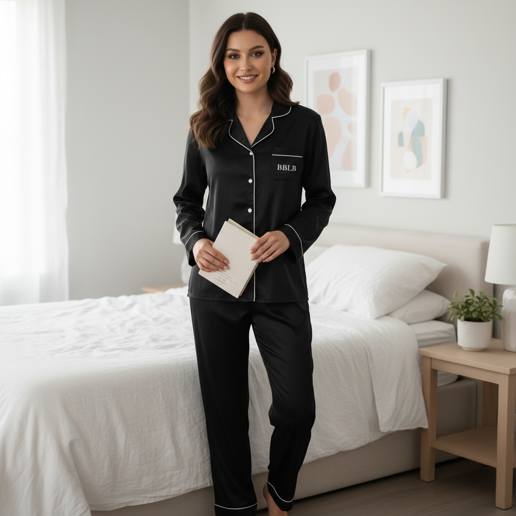 Women’s Black With White Trim Pajama Pants - Luxury Sleepwear