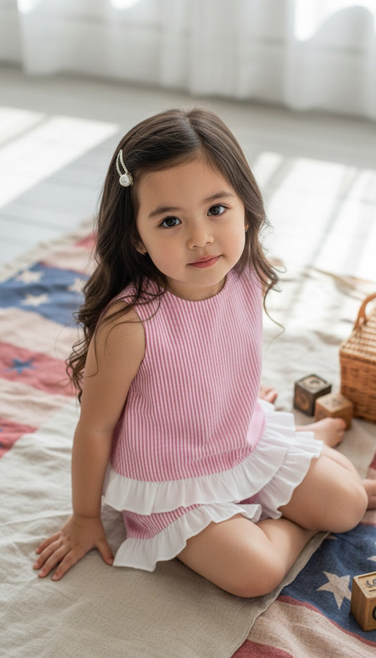 Seaside Stroll Ruffle Back Girls TOP - Beach Rose Seersucker