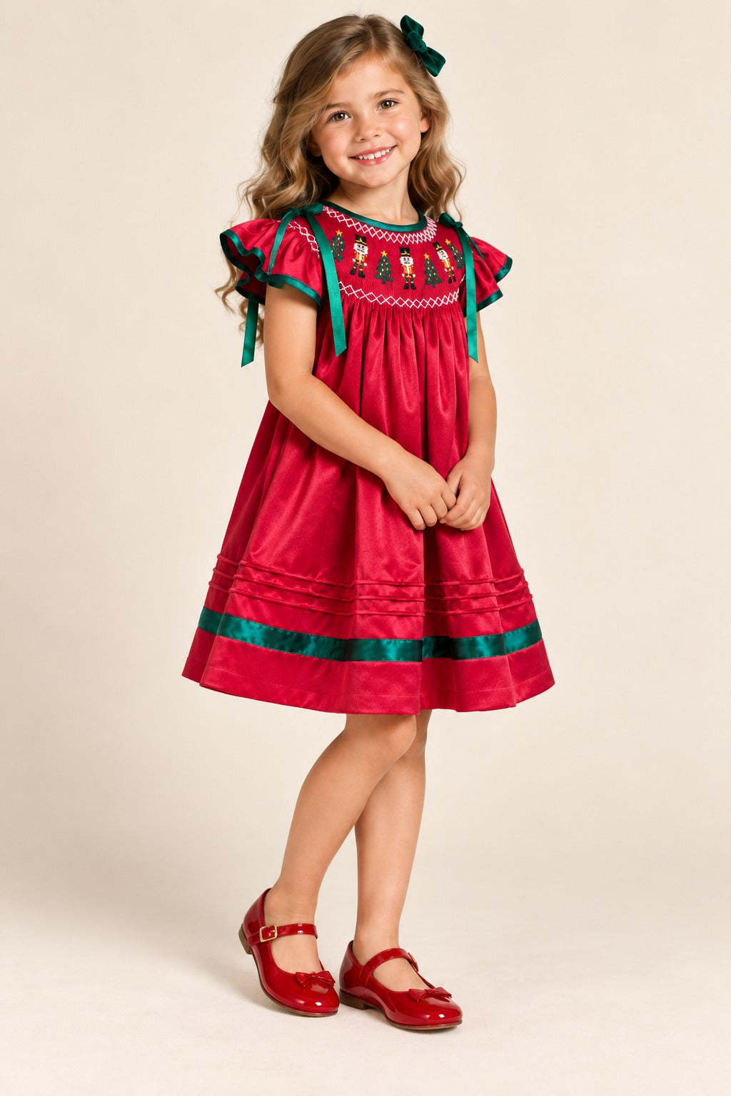 Girl posing at an angle in the red satin Nutcracker dress, showing its gathered skirt and green ribbon details.