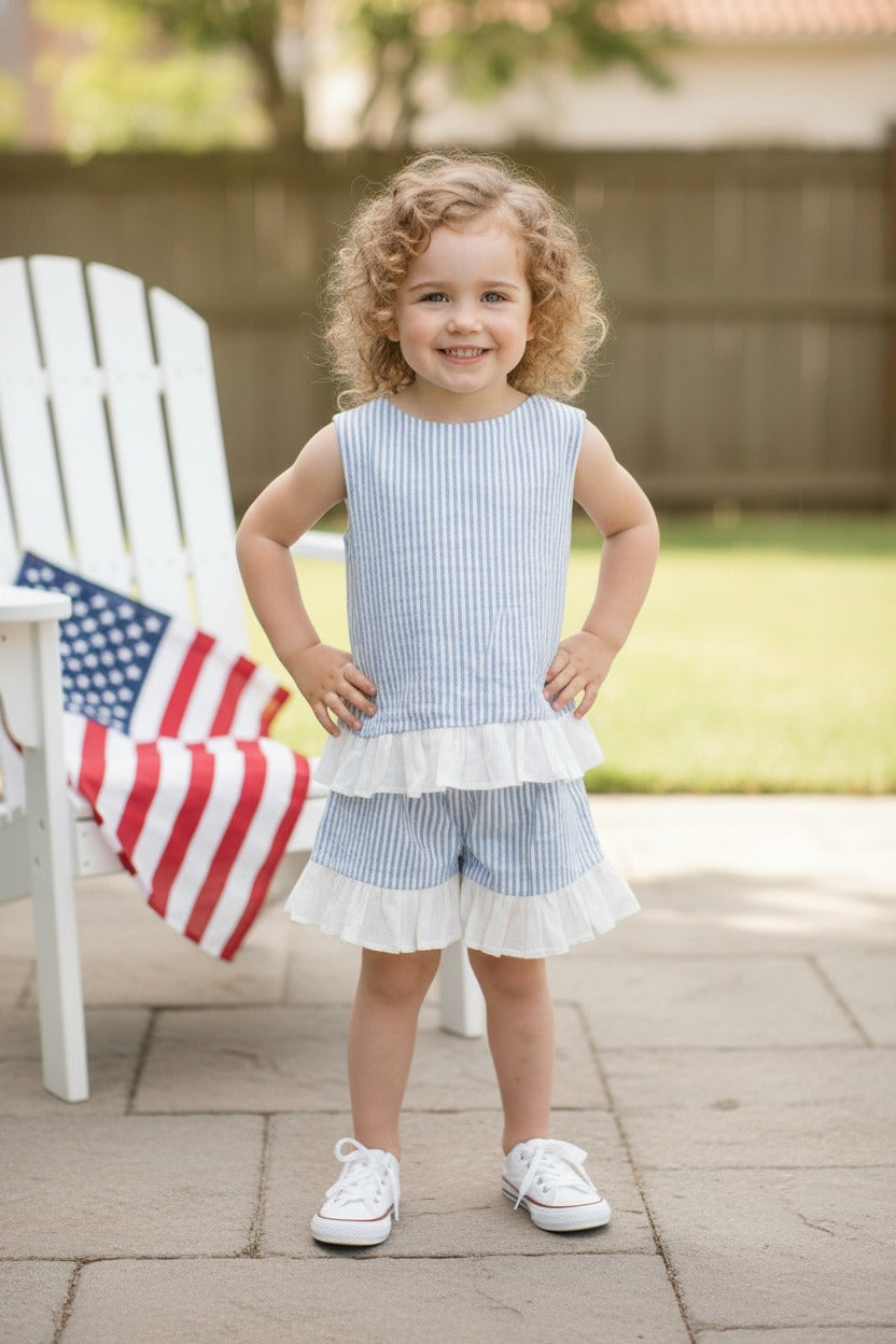 Seaside Stroll Ruffle Back Girls TOP - Blue Seersucker
