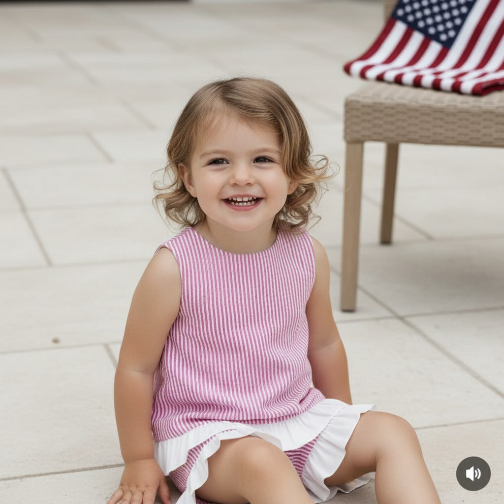 Seaside Stroll Ruffle Back Girls TOP - Beach Rose Seersucker