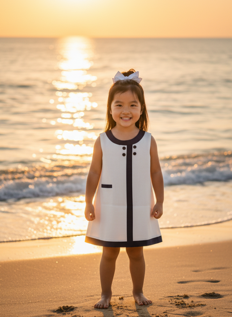 Seaside Sail DRESS - White With Navy Blue Trim