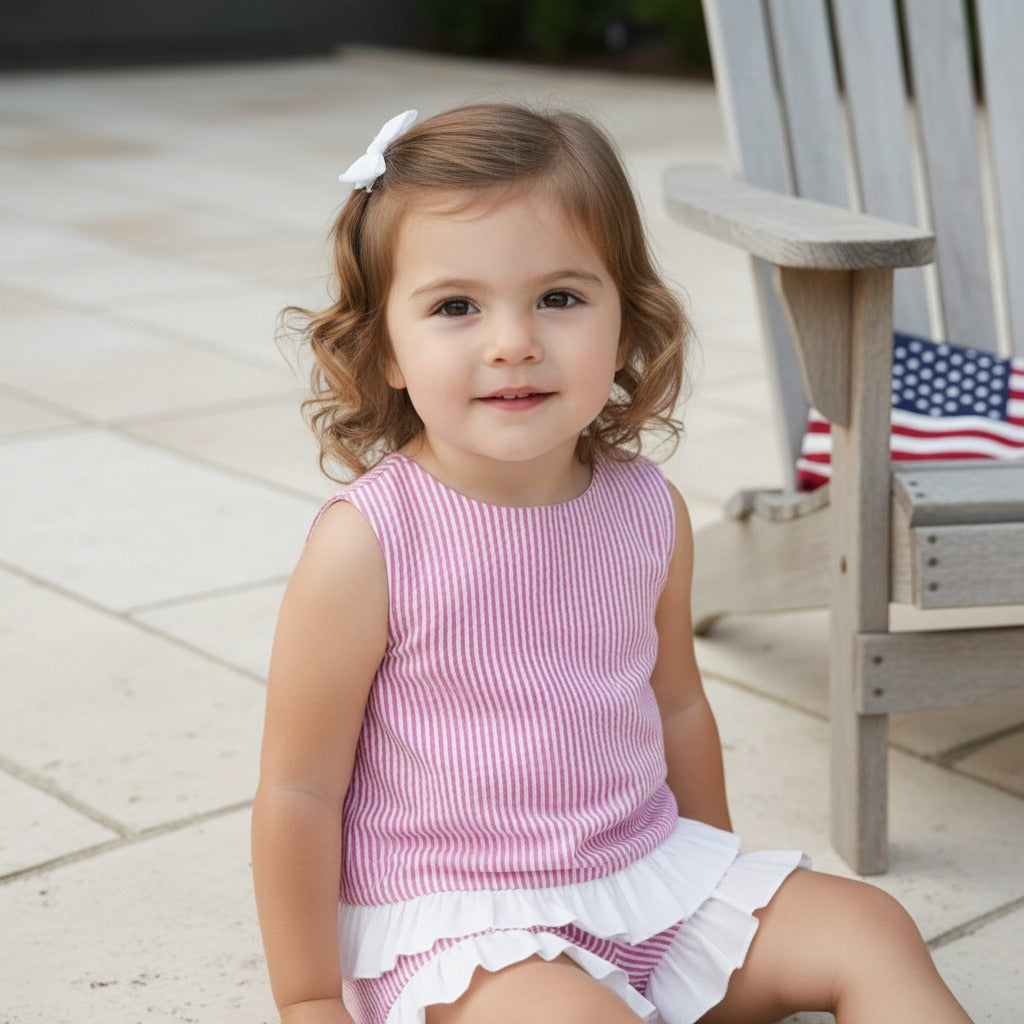 Seaside Stroll Ruffle SHORTS - Beach Rose Seersucker