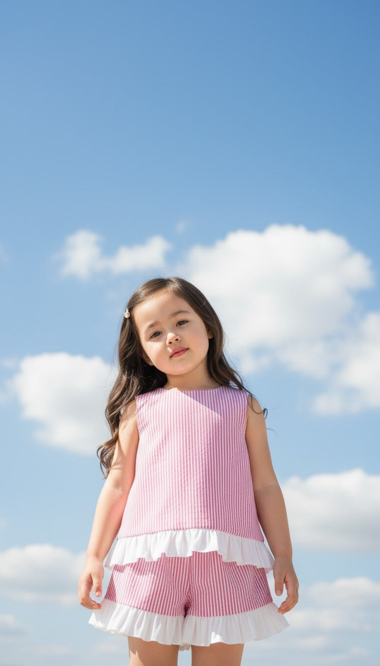 Seaside Stroll Ruffle Back Girls TOP - Beach Rose Seersucker