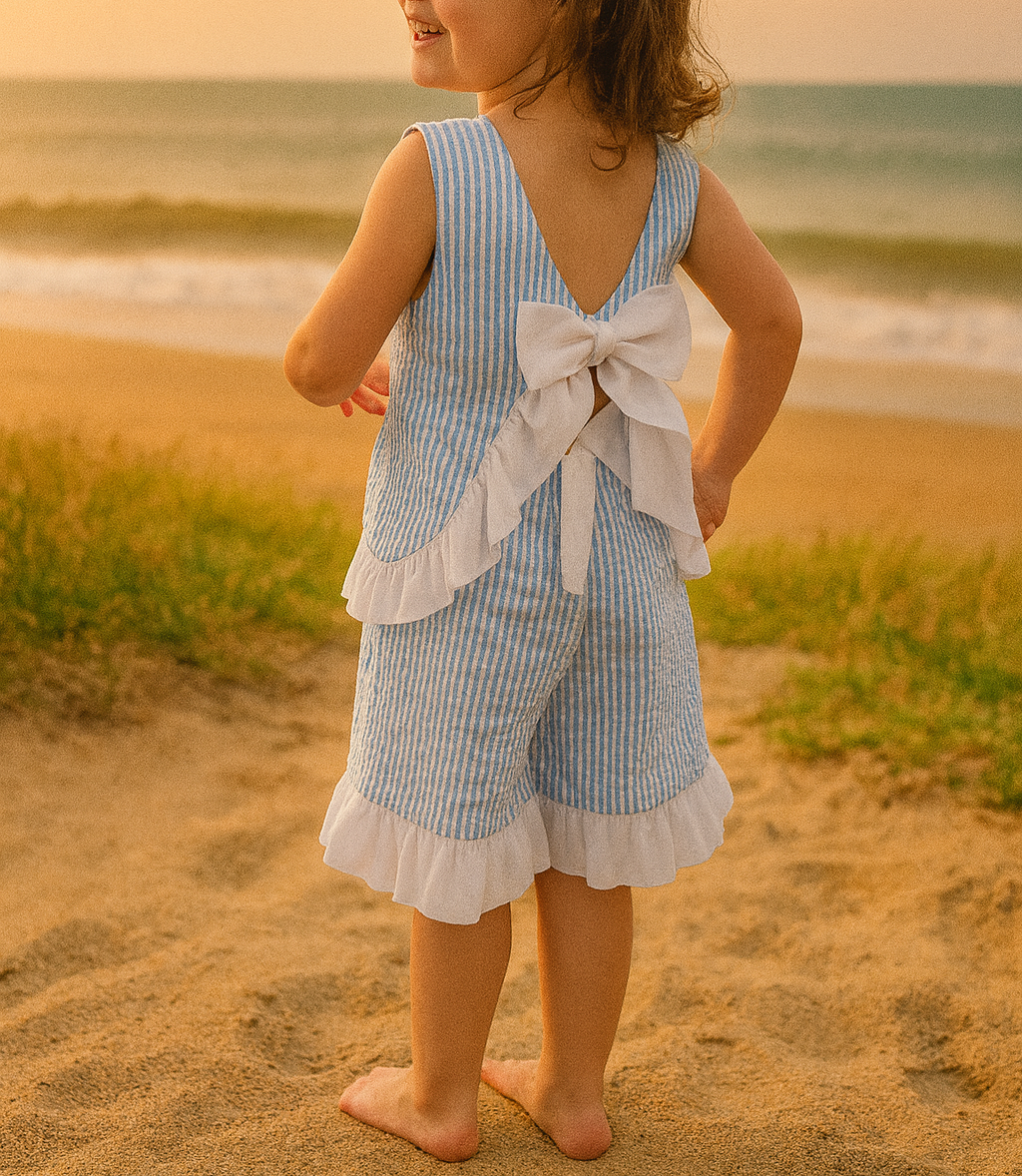 Seaside Stroll Ruffle Back TOP - Blue Seersucker