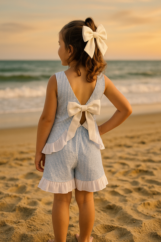 Seaside Stroll Ruffle Back TOP - Blue Seersucker