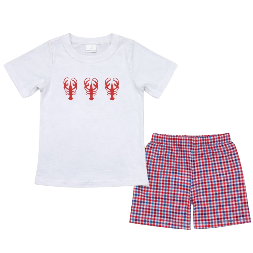 Boys Lobster T-shirt and checkered Red, White & Blue Short SET