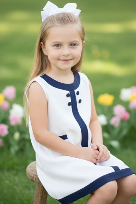 Seaside Sail Linen Girls DRESS - White With Navy Blue Trim