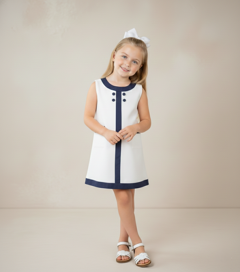 Seaside Sail Linen Girls DRESS - White With Navy Blue Trim