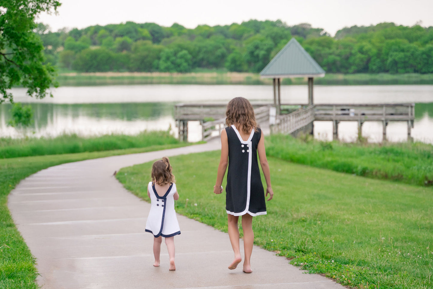 Seaside Sail Girls Linen DRESS - Black With White Trim